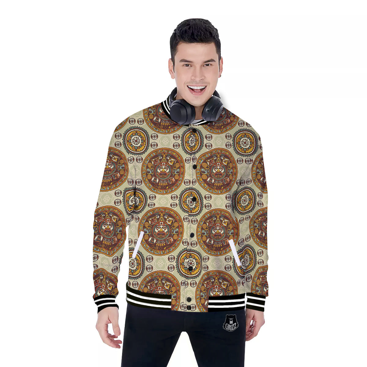 Calendar Aztec Vintage Print Pattern Baseball Jacket-grizzshop