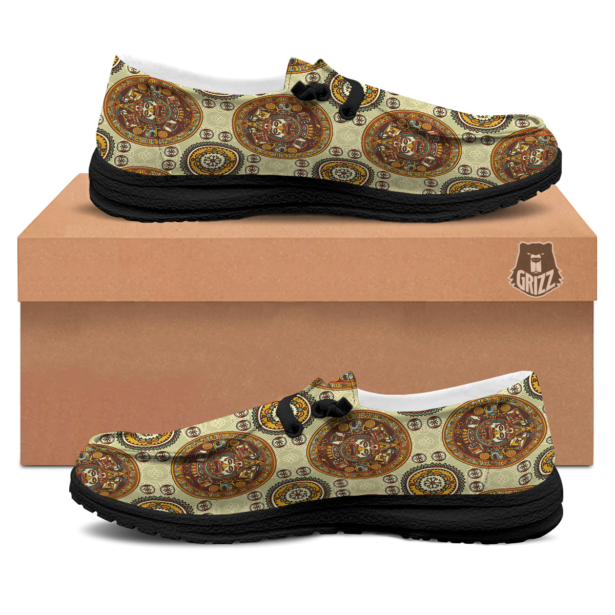 Calendar Aztec Vintage Print Pattern Black Loafers-grizzshop