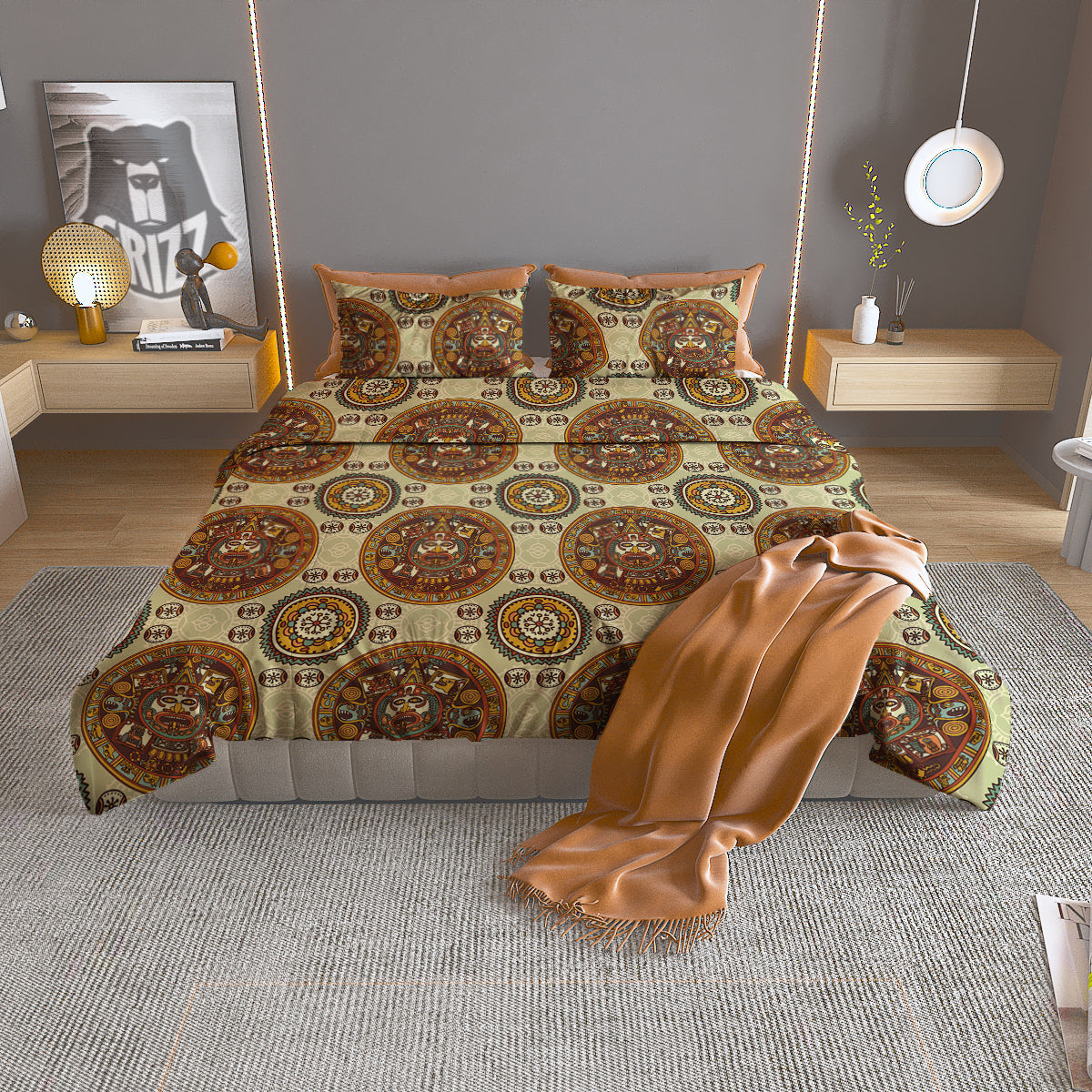 Calendar Aztec Vintage Print Pattern Duvet Cover Bedding Set