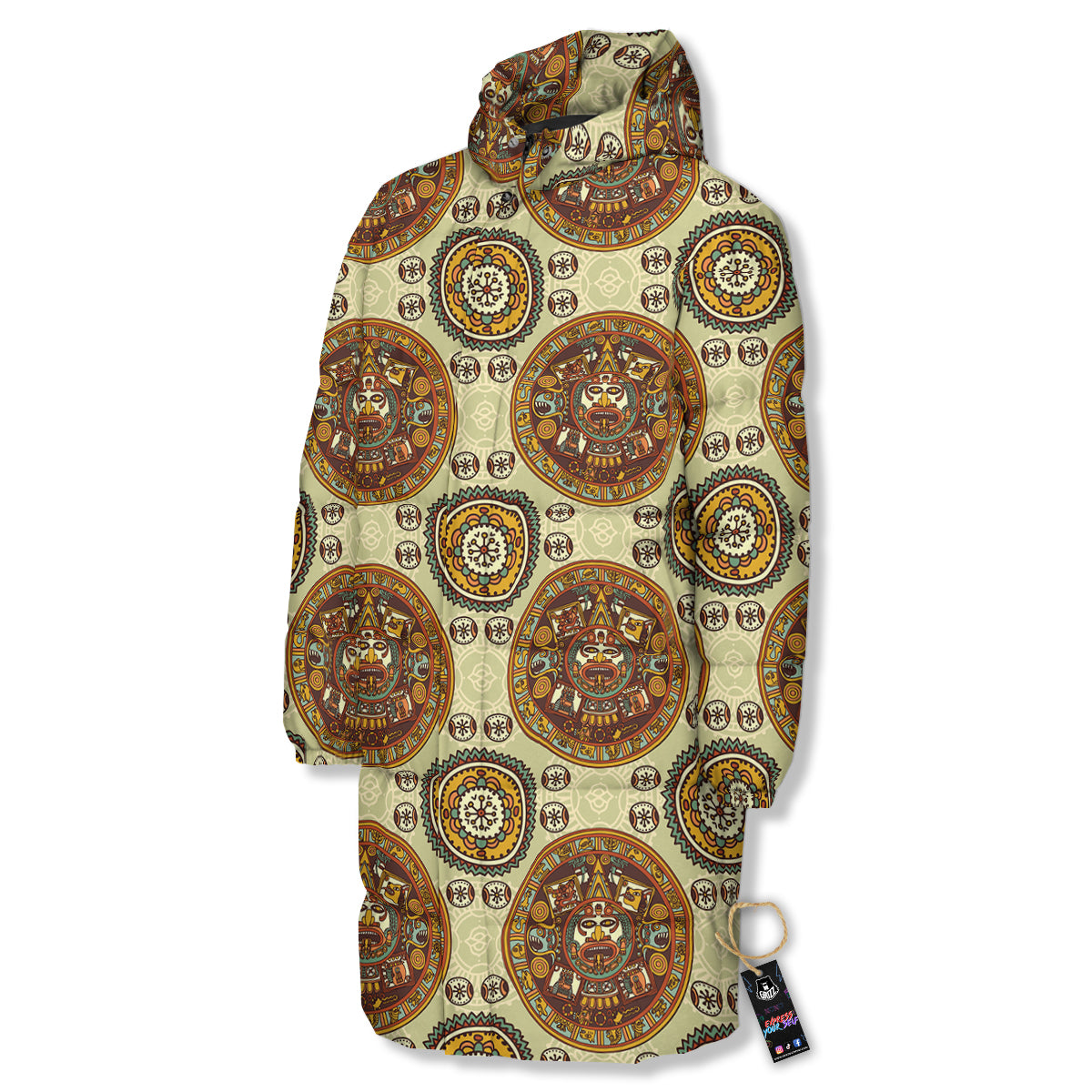 Calendar Aztec Vintage Print Pattern Long Down Jacket-grizzshop