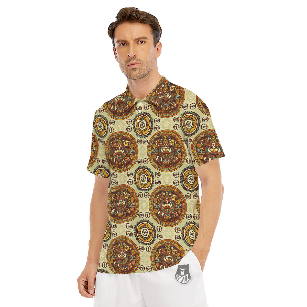 Calendar Aztec Vintage Print Pattern Men's Golf Shirts-grizzshop