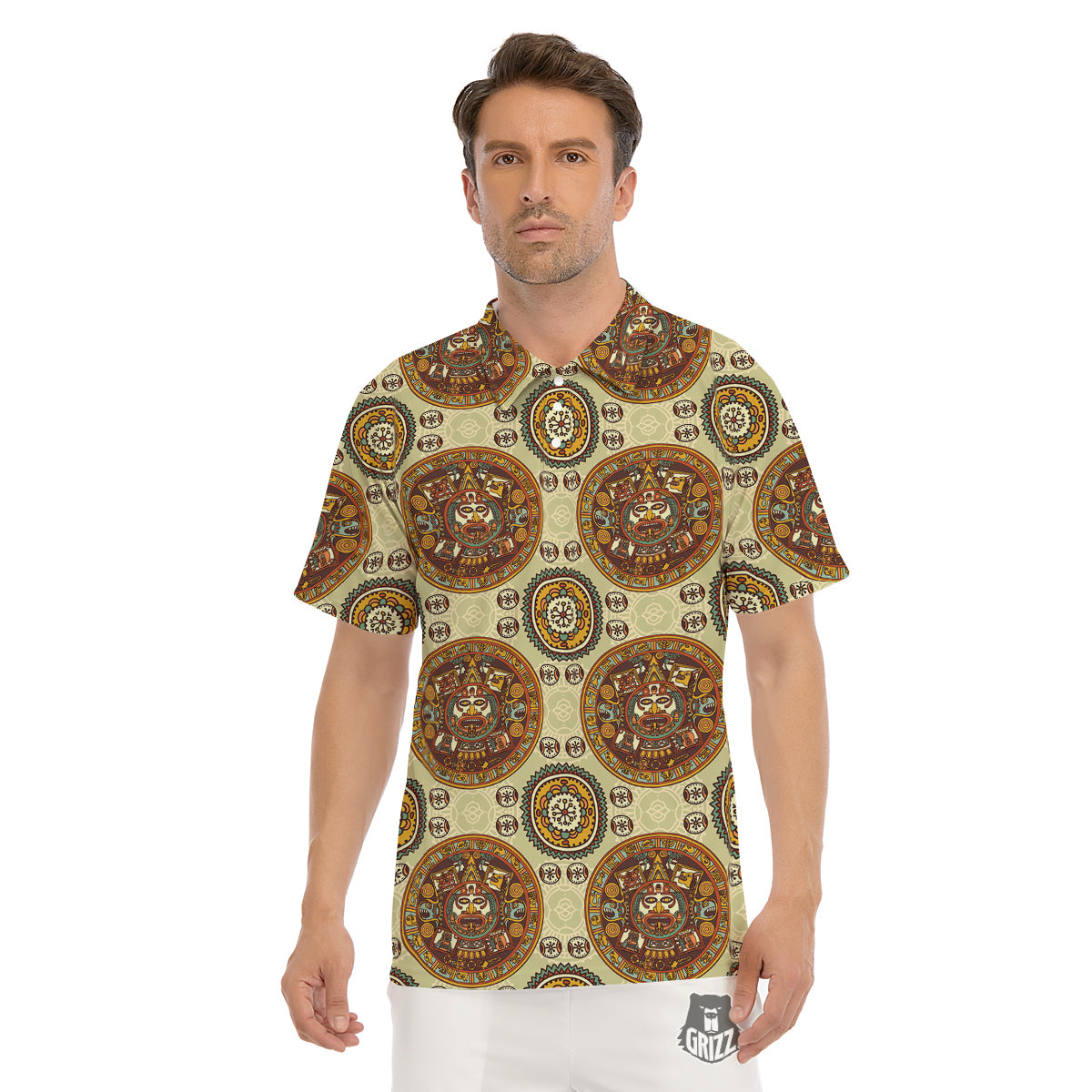 Calendar Aztec Vintage Print Pattern Men's Golf Shirts-grizzshop