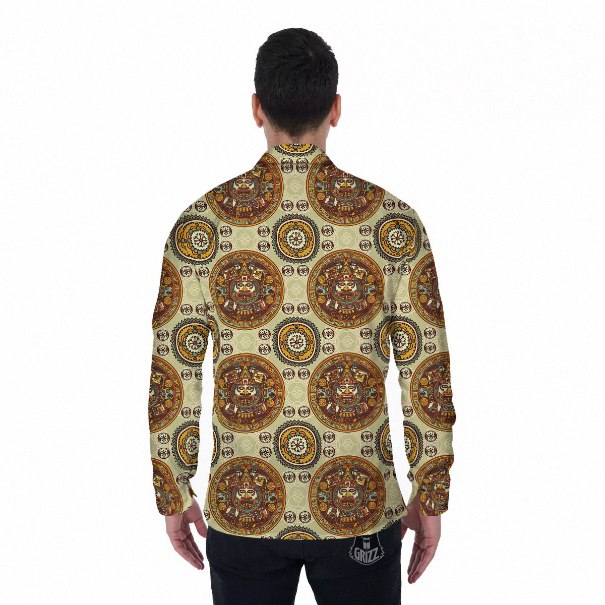 Calendar Aztec Vintage Print Pattern Men's Long Sleeve Shirts-grizzshop