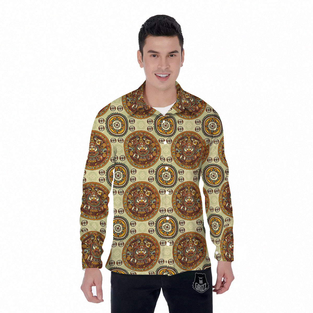 Calendar Aztec Vintage Print Pattern Men's Long Sleeve Shirts-grizzshop