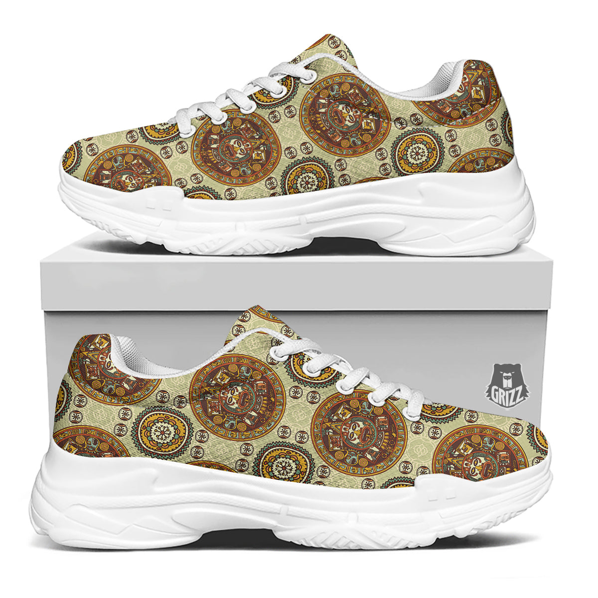 Calendar Aztec Vintage Print Pattern White Chunky Shoes-grizzshop