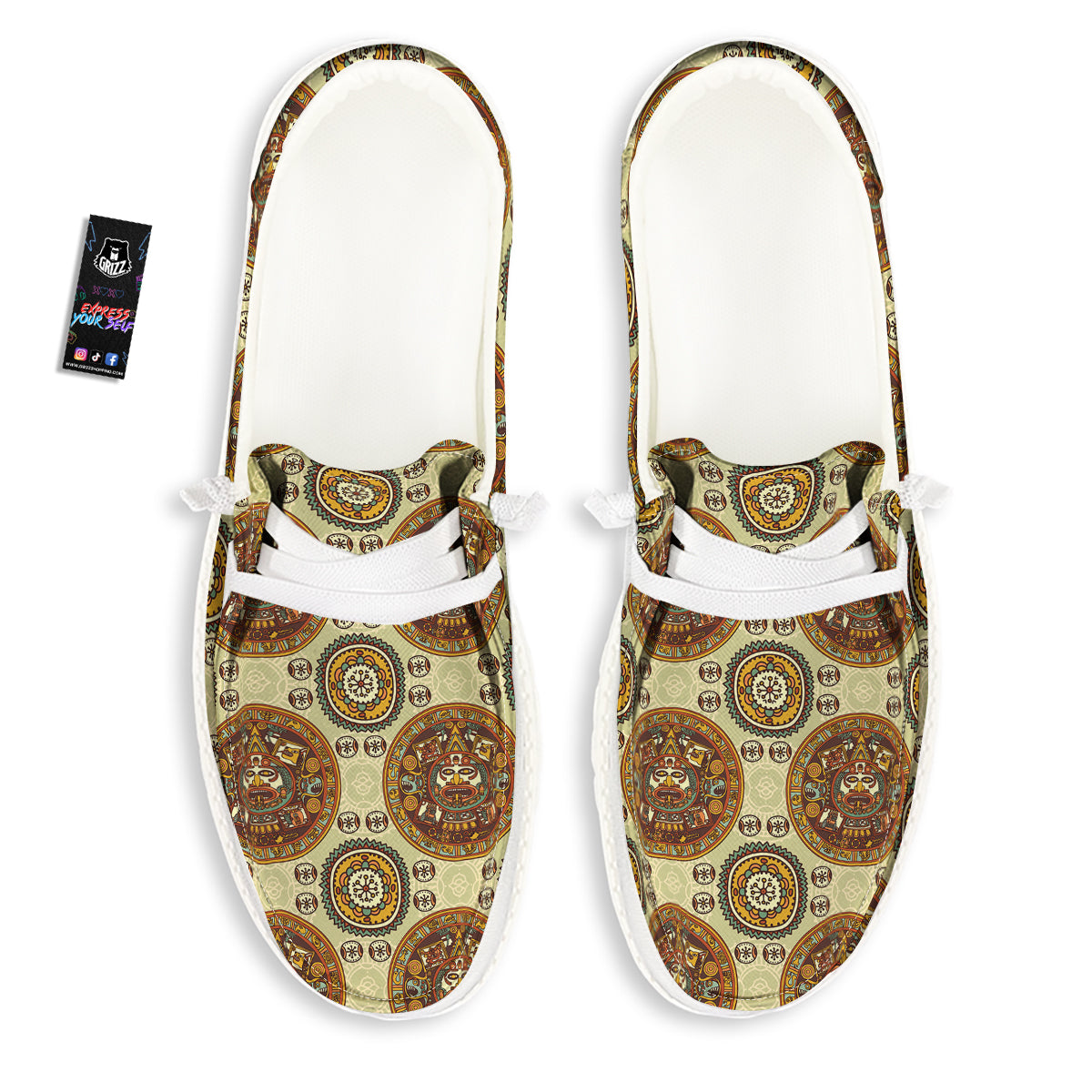 Calendar Aztec Vintage Print Pattern White Loafers-grizzshop