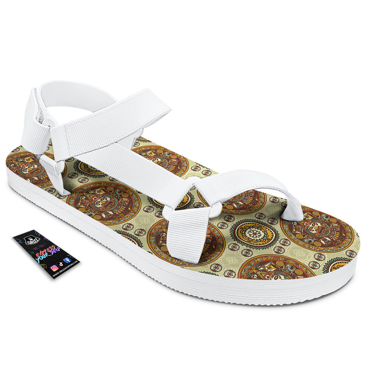 Calendar Aztec Vintage Print Pattern White Open Toe Sandals-grizzshop