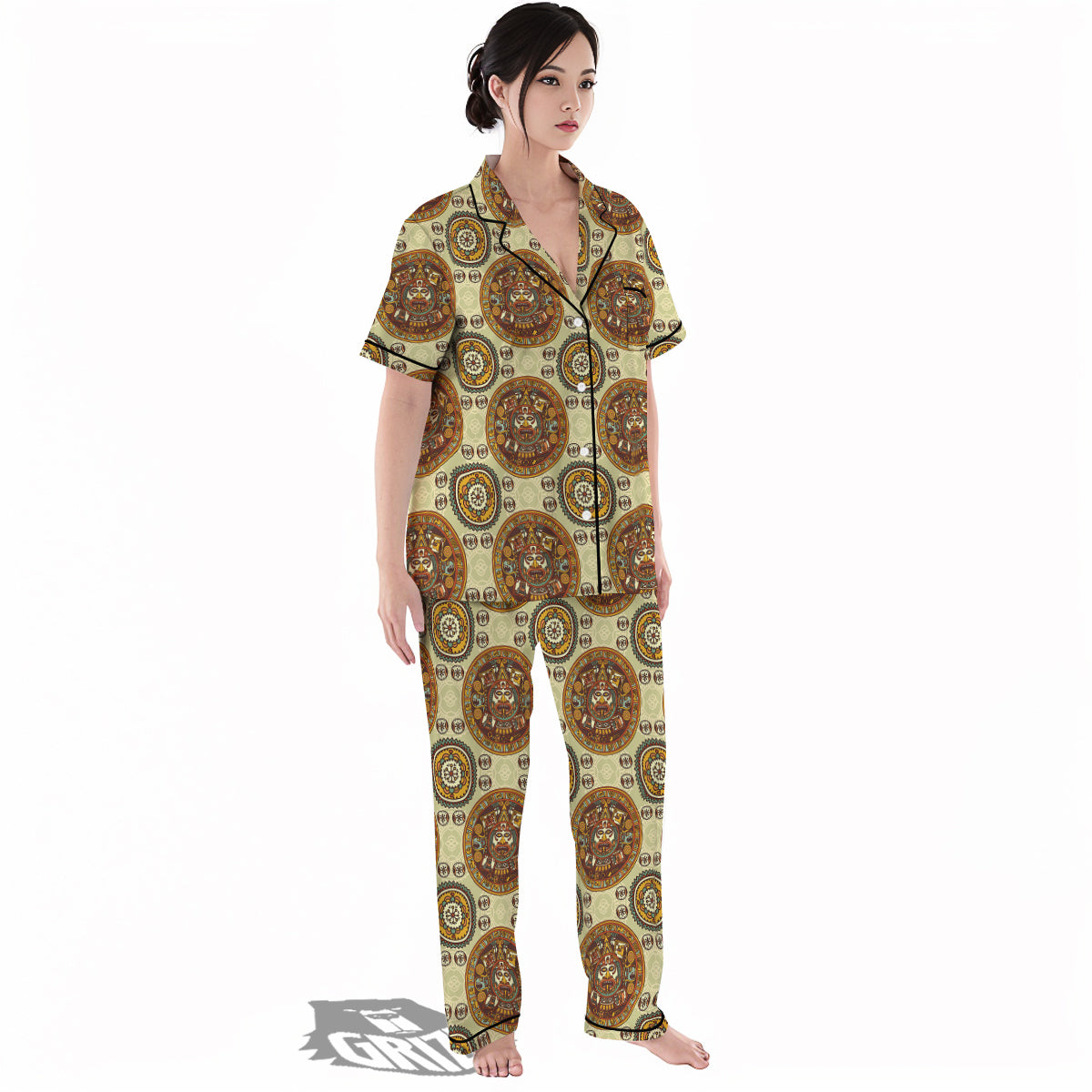 Calendar Aztec Vintage Print Pattern Women's Pajamas Set-grizzshop