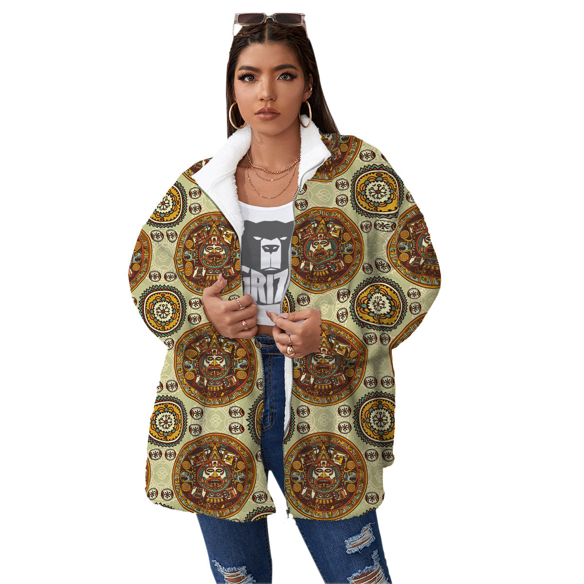 Calendar Aztec Vintage Print Pattern Women's Sherpa Jacket-grizzshop