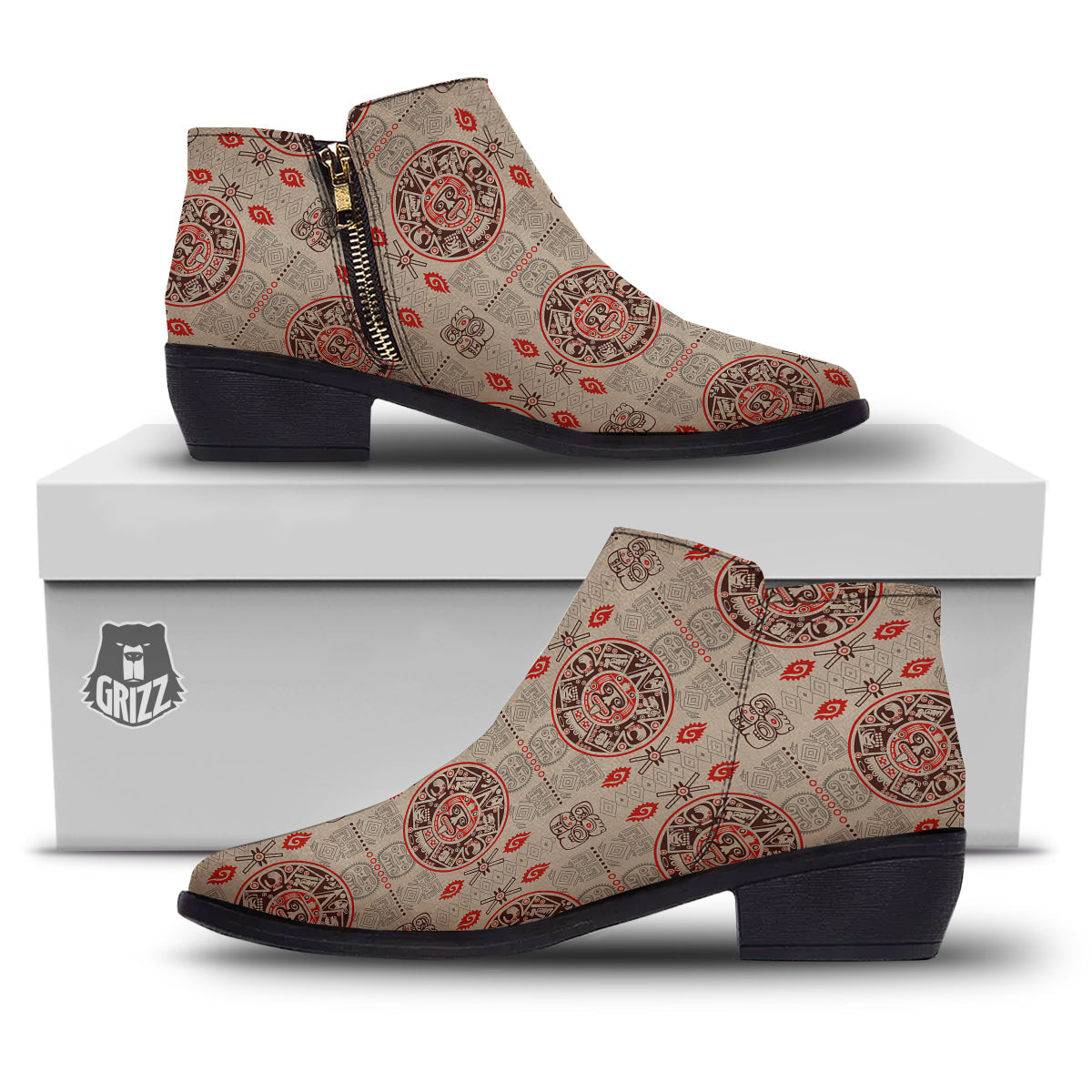 Calendar Aztec Vintagecolor Print Pattern Ankle Boots-grizzshop