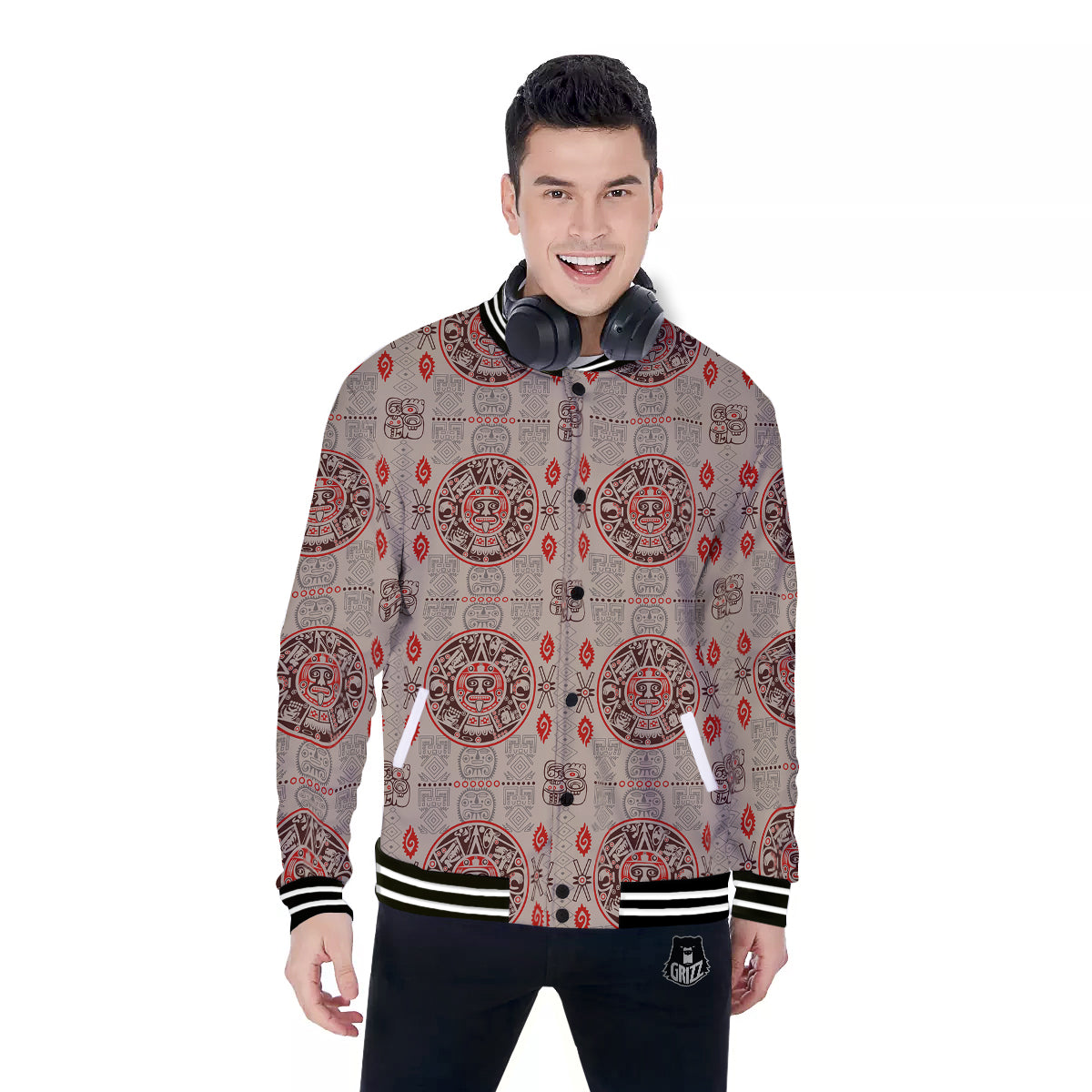 Calendar Aztec Vintagecolor Print Pattern Baseball Jacket-grizzshop