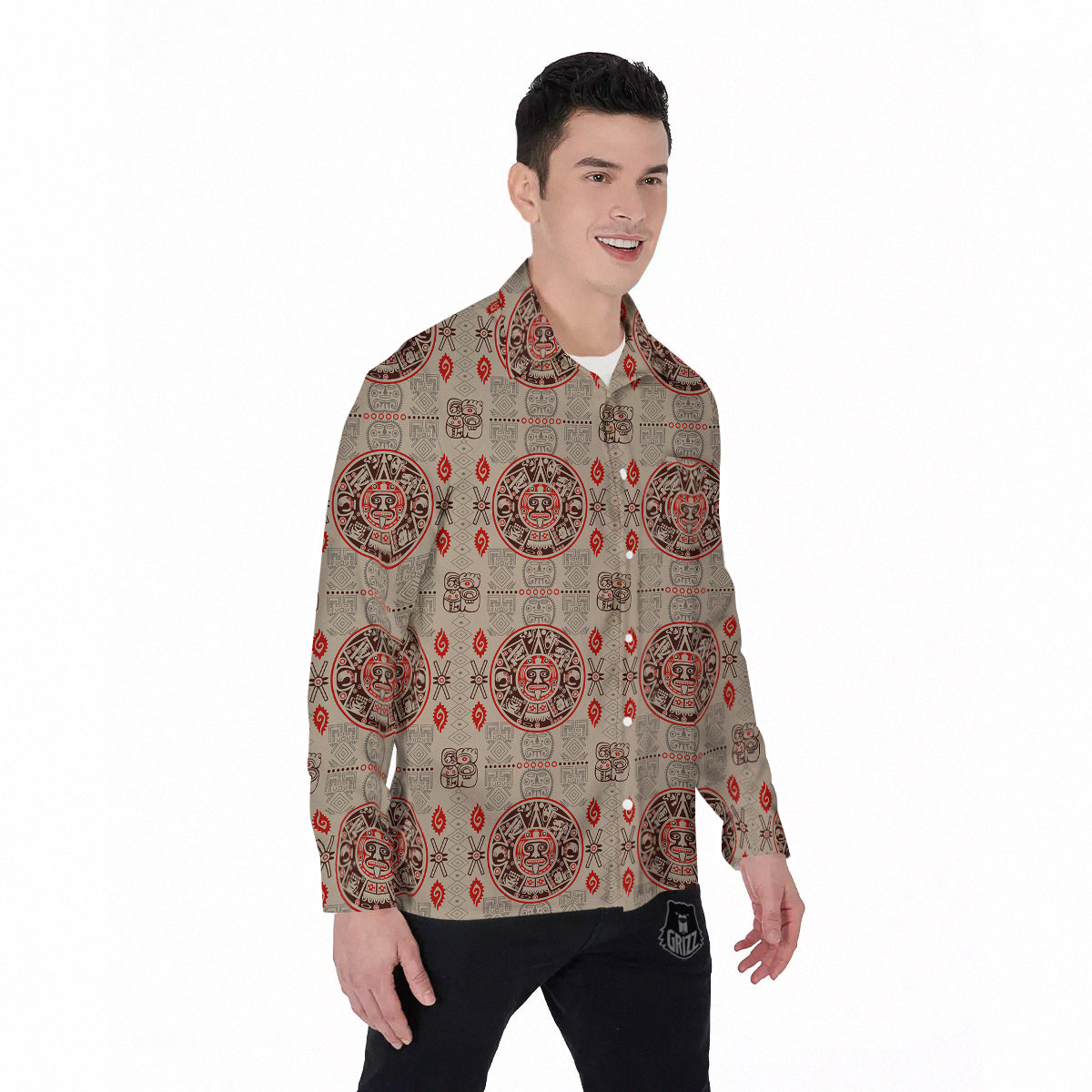 Calendar Aztec Vintagecolor Print Pattern Men's Long Sleeve Shirts-grizzshop