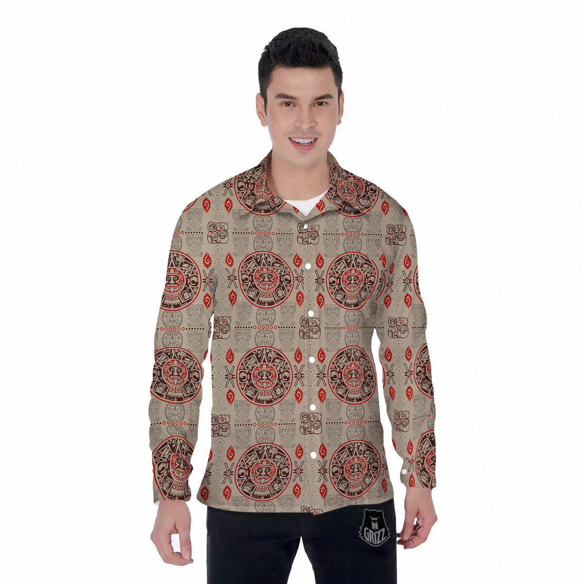 Calendar Aztec Vintagecolor Print Pattern Men's Long Sleeve Shirts-grizzshop