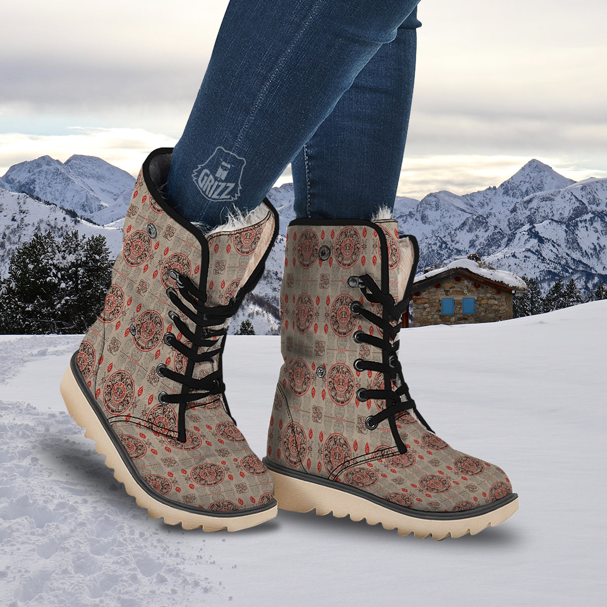 Calendar Aztec Vintagecolor Print Pattern Snow Boots-grizzshop