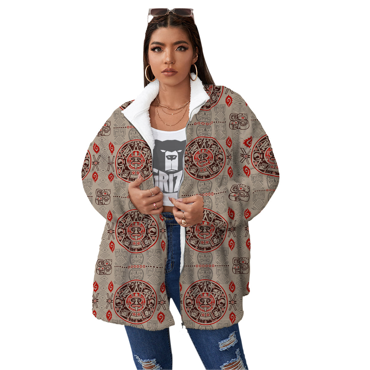 Calendar Aztec Vintagecolor Print Pattern Women's Sherpa Jacket-grizzshop