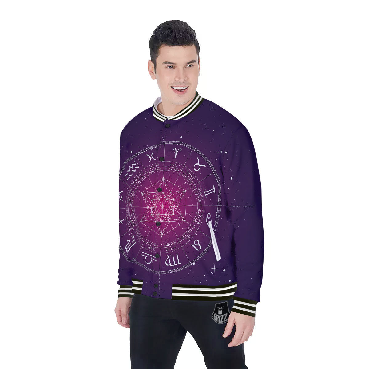Calendar Geometric Zodiac Print Baseball Jacket-grizzshop