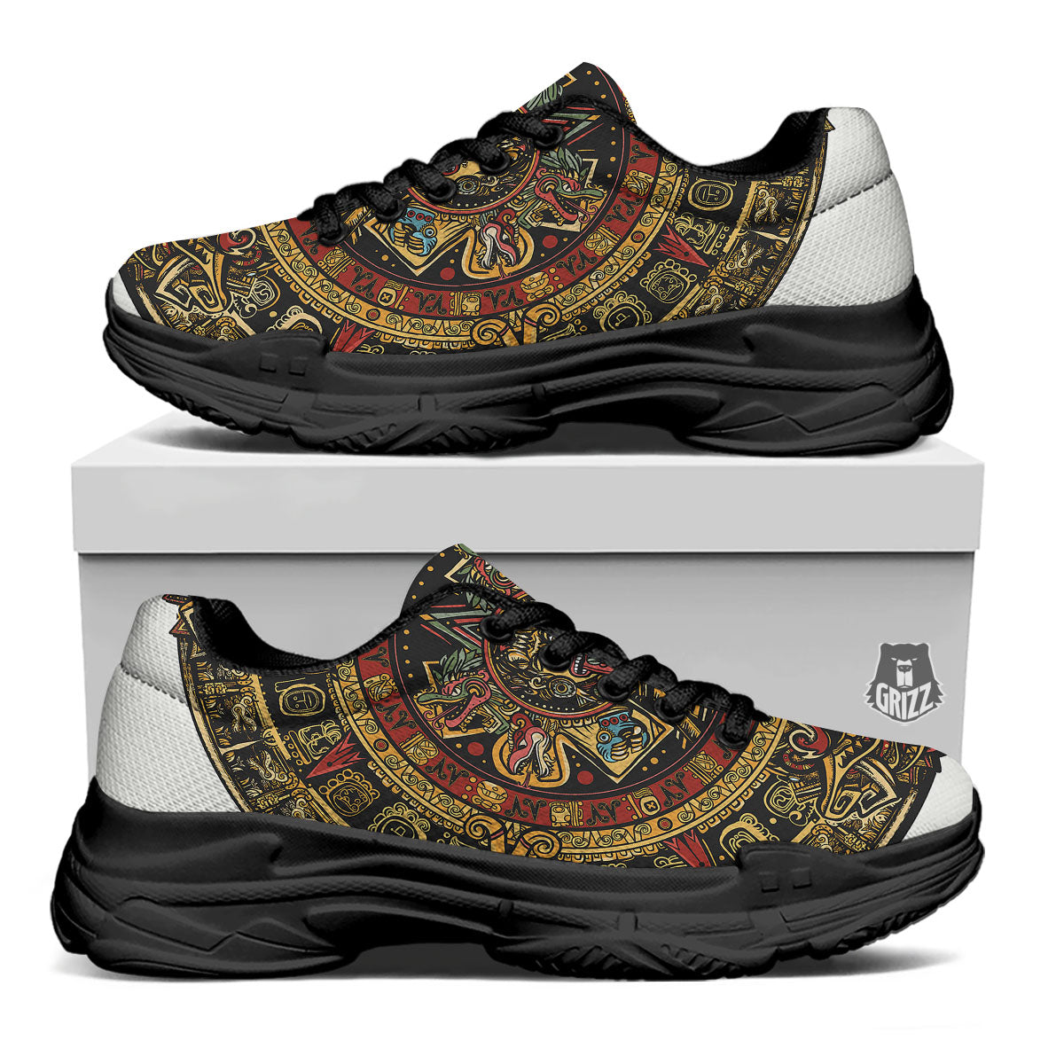 Calendar Mayan Print Black Chunky Shoes-grizzshop