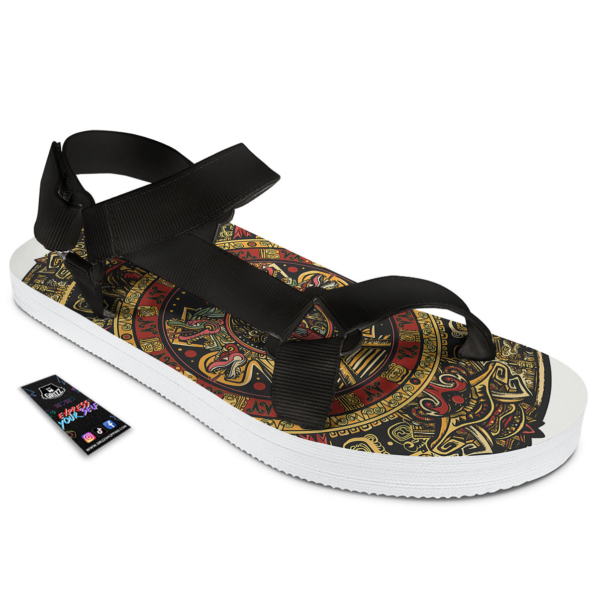 Calendar Mayan Print Black Open Toe Sandals-grizzshop