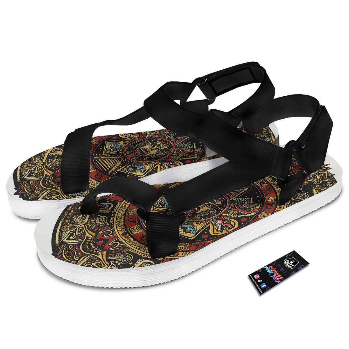 Calendar Mayan Print Black Open Toe Sandals-grizzshop