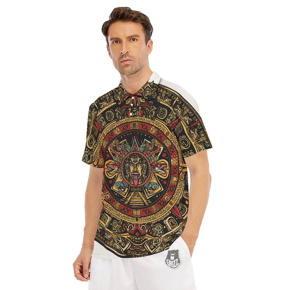 Calendar Mayan Print Men's Golf Shirts-grizzshop