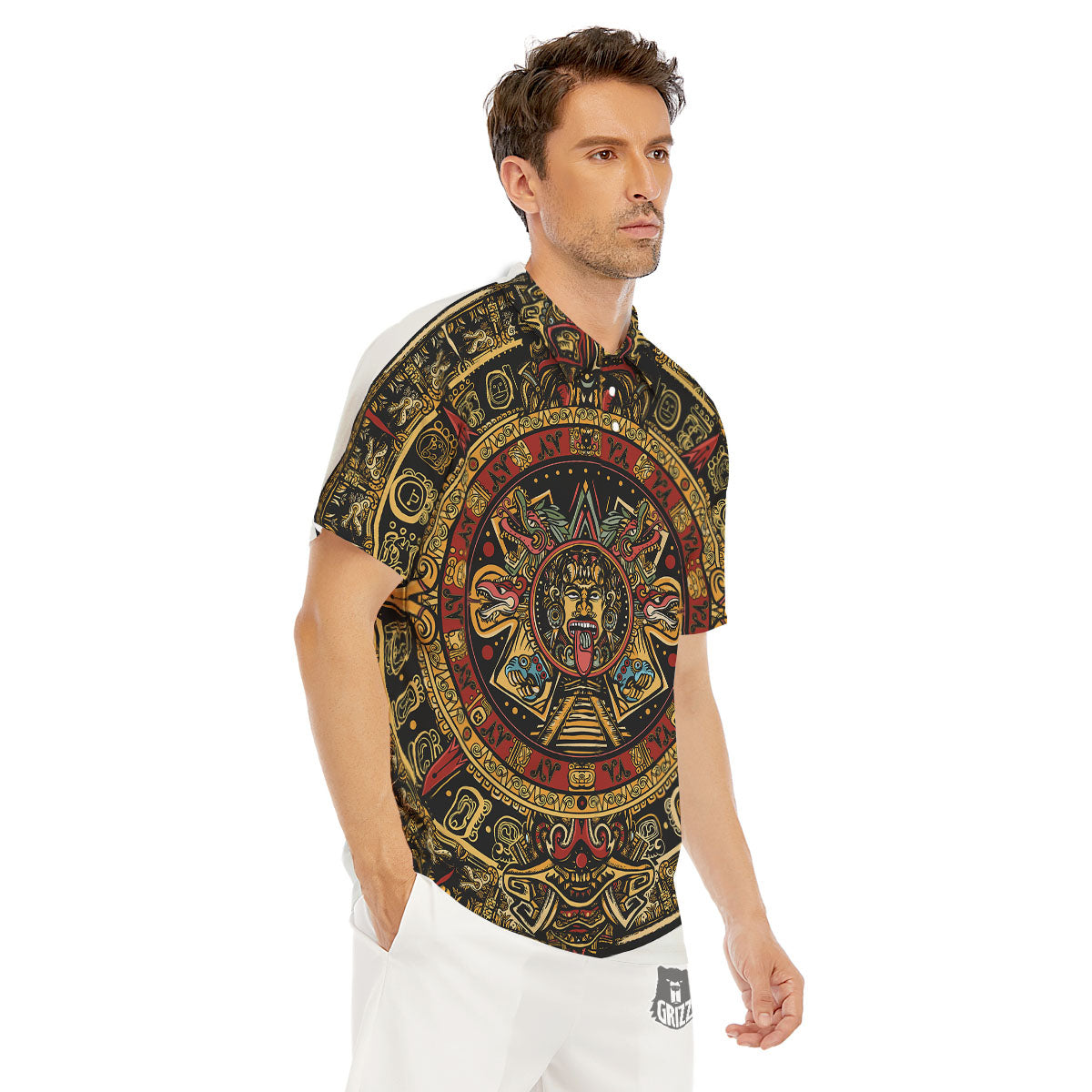 Calendar Mayan Print Men's Golf Shirts-grizzshop