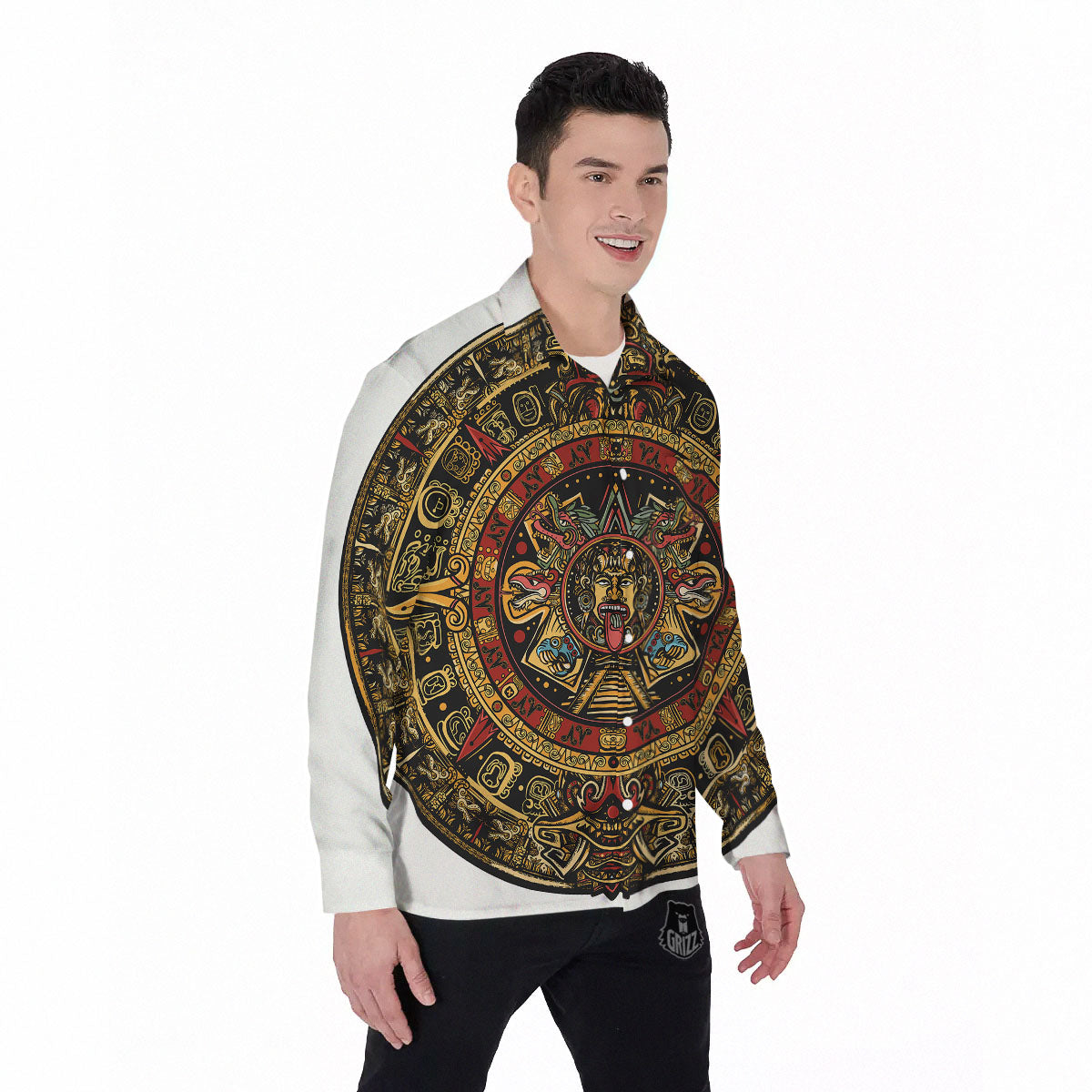 Calendar Mayan Print Men's Long Sleeve Shirts-grizzshop