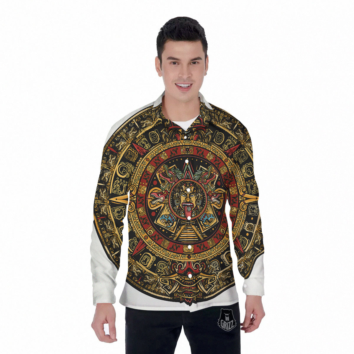 Calendar Mayan Print Men's Long Sleeve Shirts-grizzshop