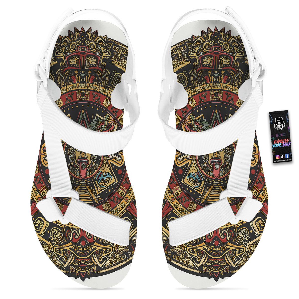 Calendar Mayan Print White Open Toe Sandals-grizzshop