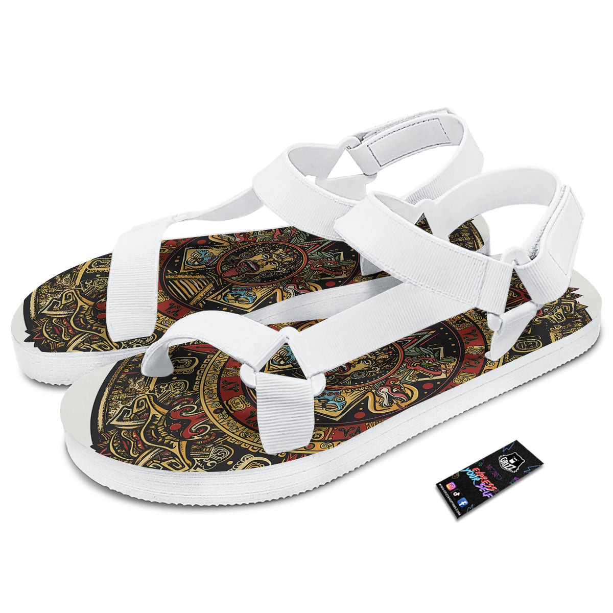 Calendar Mayan Print White Open Toe Sandals-grizzshop