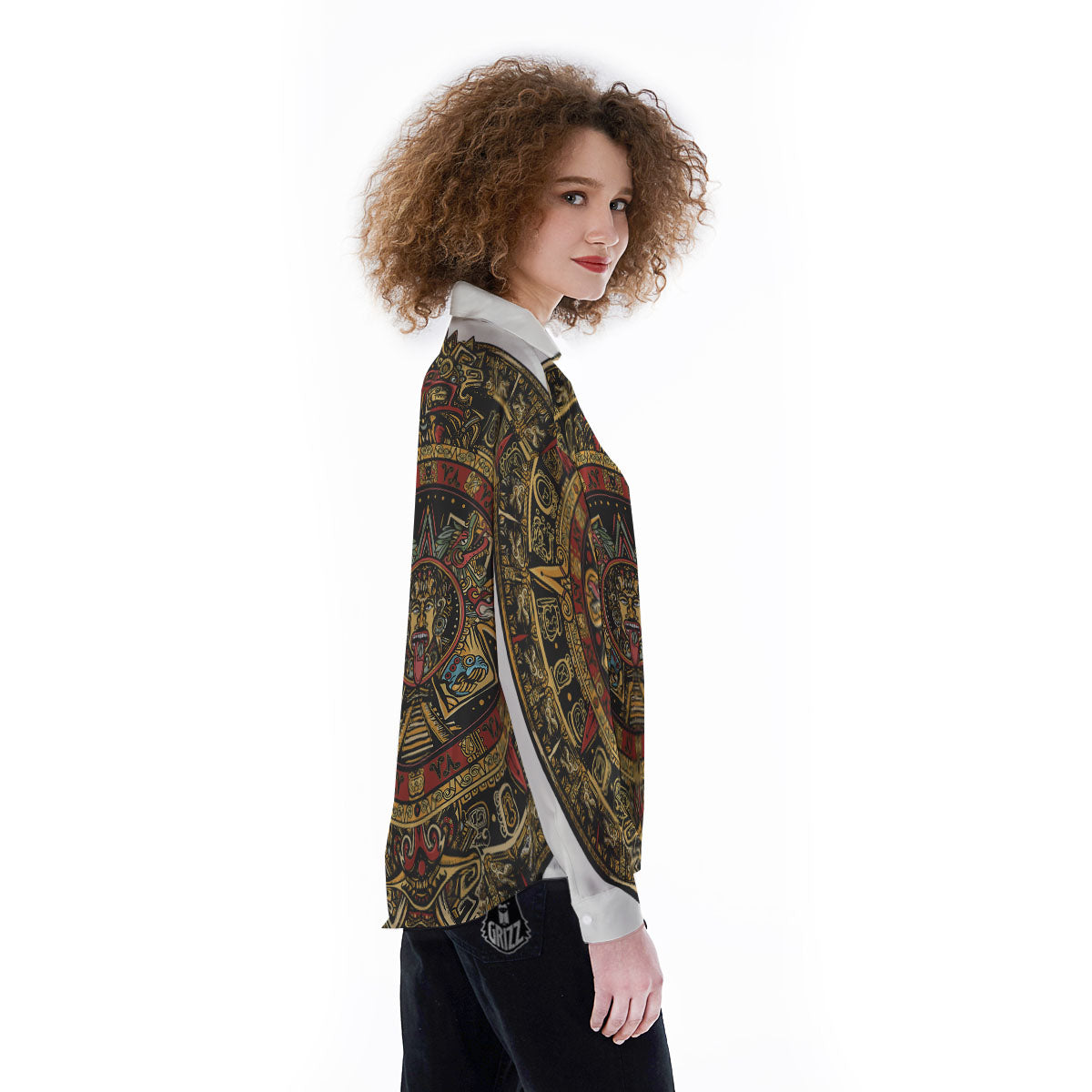 Calendar Mayan Print Women's Long Sleeve Shirts-grizzshop