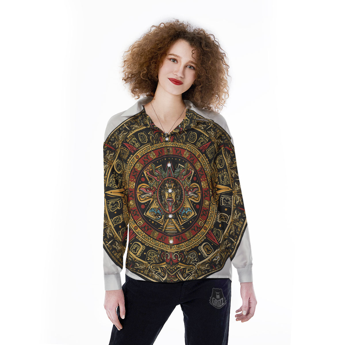 Calendar Mayan Print Women's Long Sleeve Shirts-grizzshop