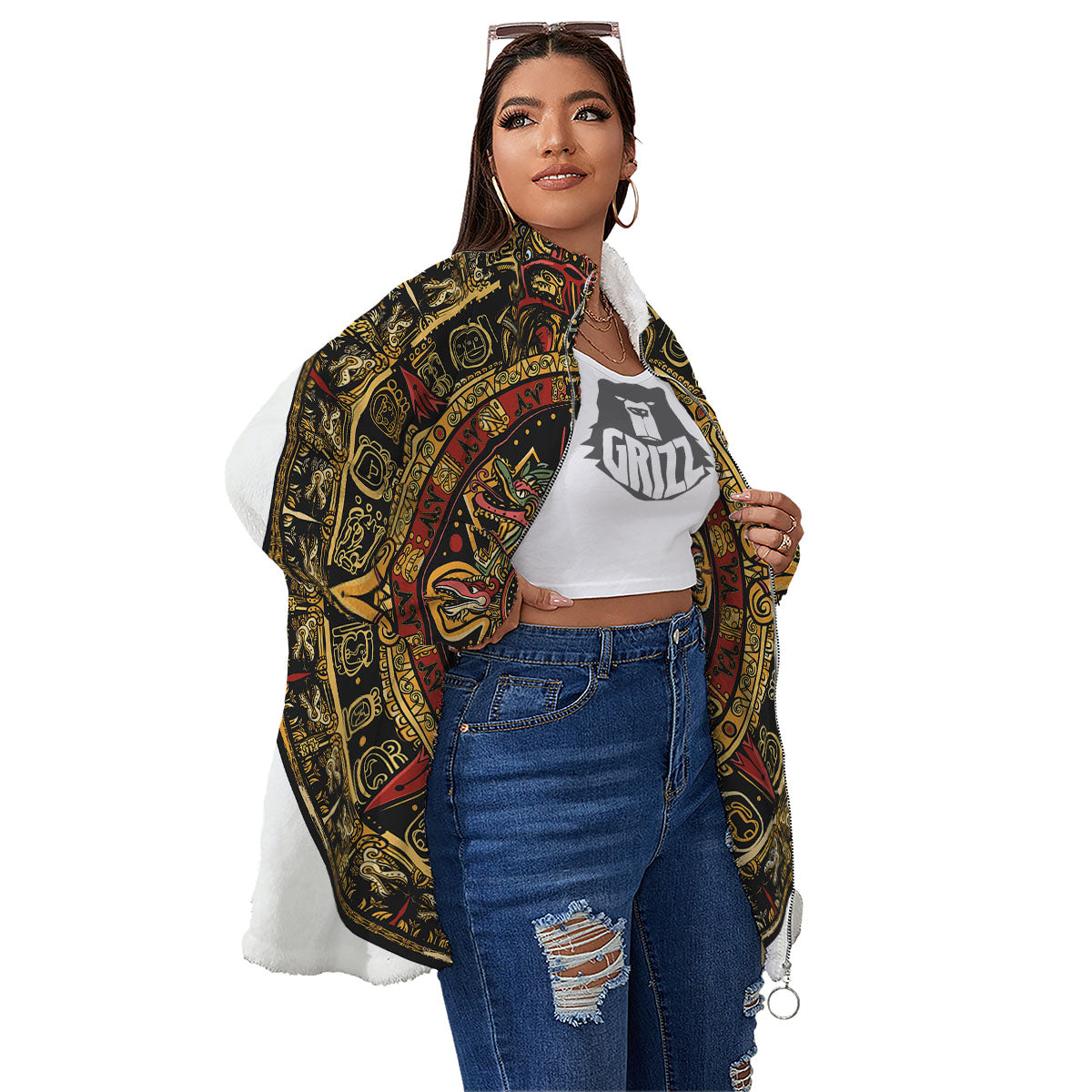 Calendar Mayan Print Women's Sherpa Jacket-grizzshop