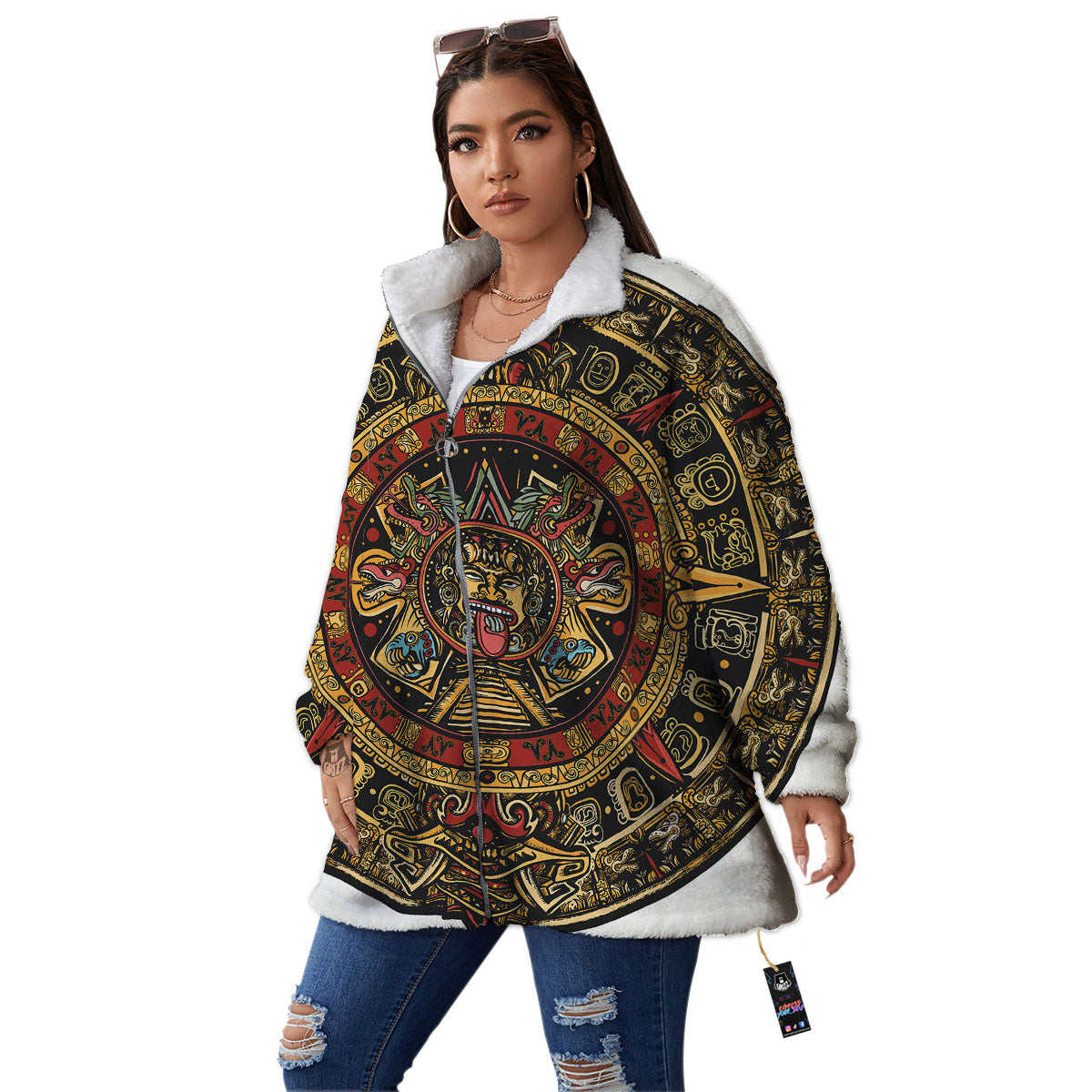 Calendar Mayan Print Women's Sherpa Jacket-grizzshop