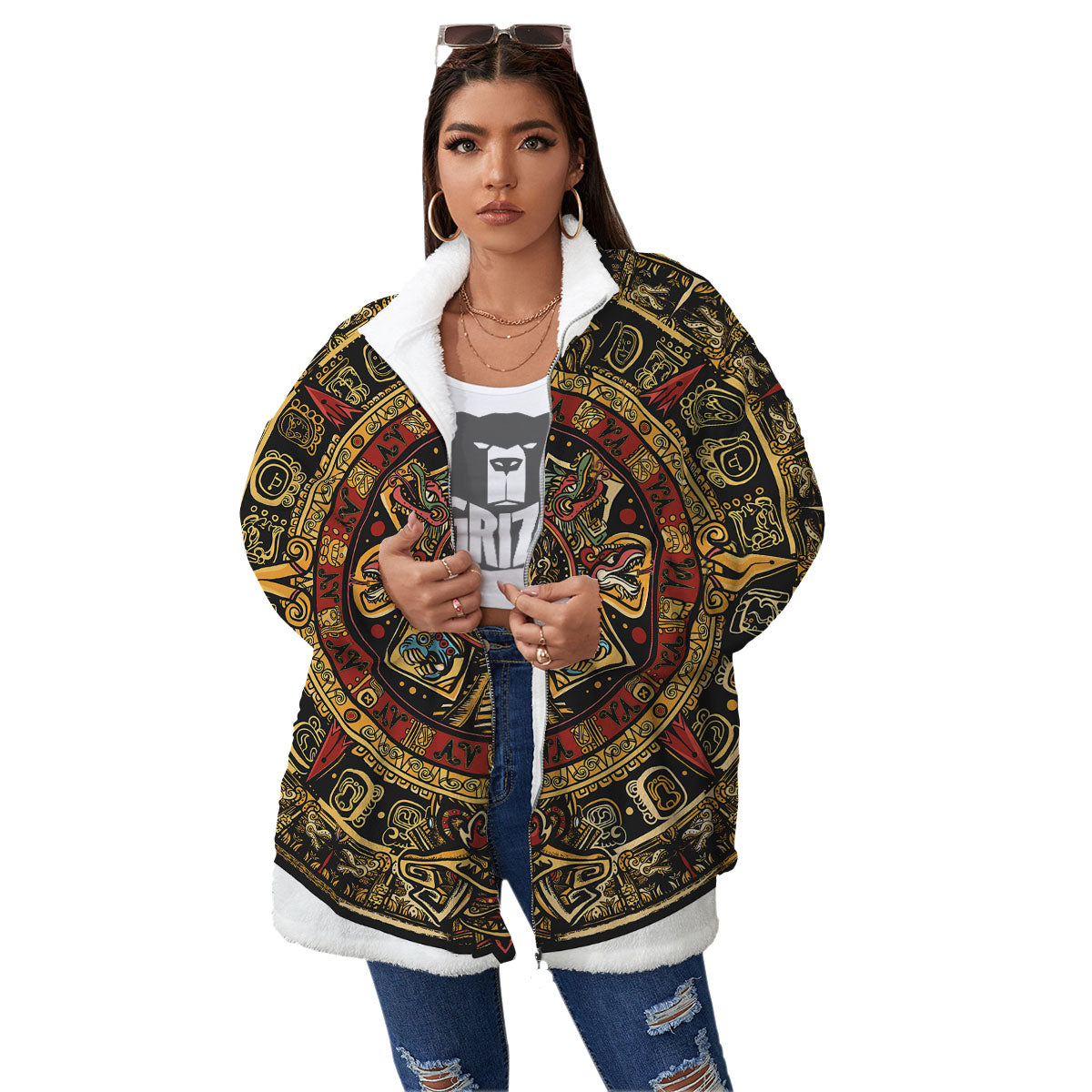 Calendar Mayan Print Women's Sherpa Jacket-grizzshop