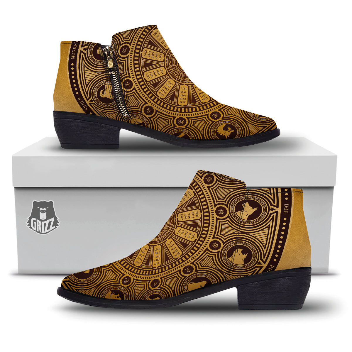 Calendar Signs Chinese Zodiac Print Ankle Boots-grizzshop