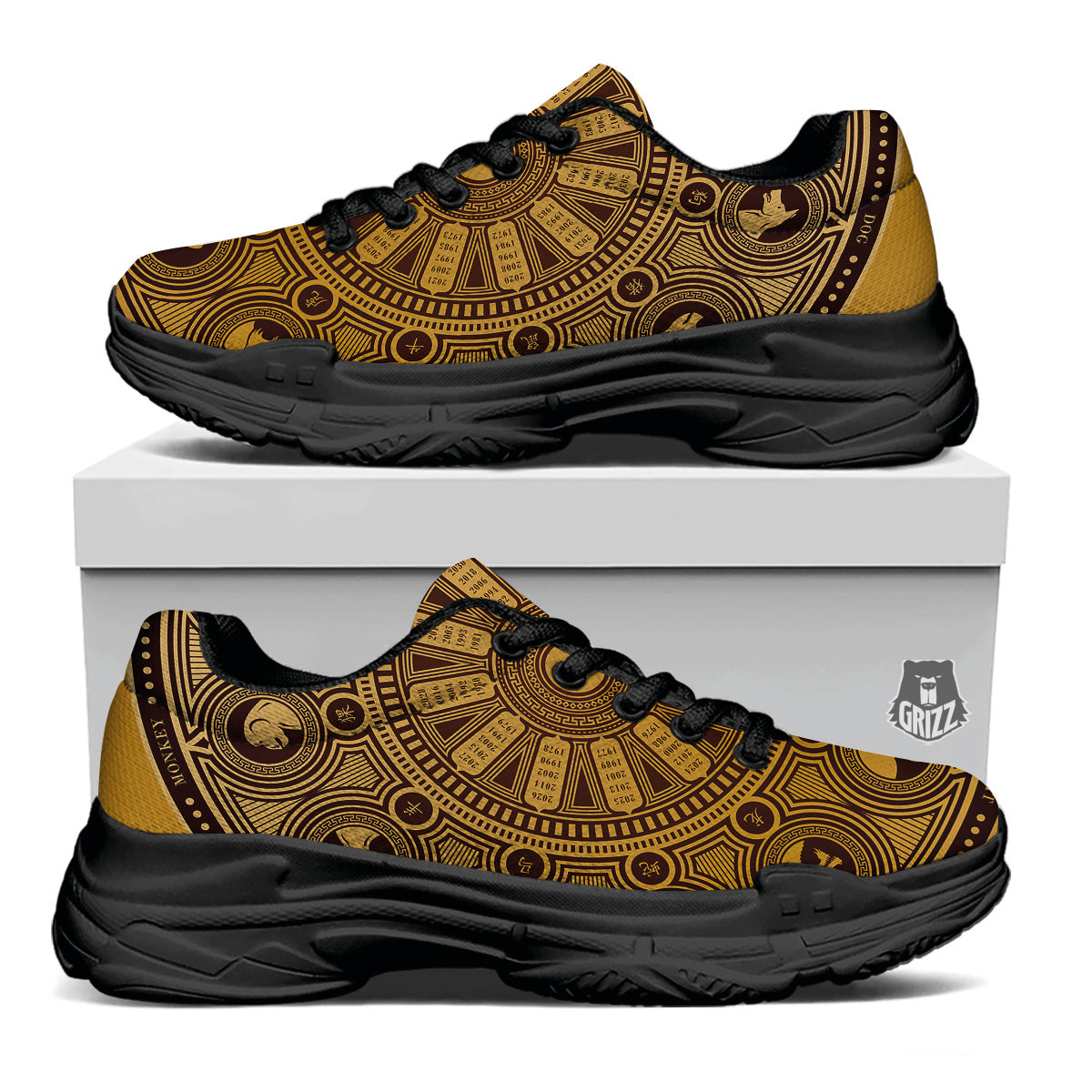Calendar Signs Chinese Zodiac Print Black Chunky Shoes-grizzshop