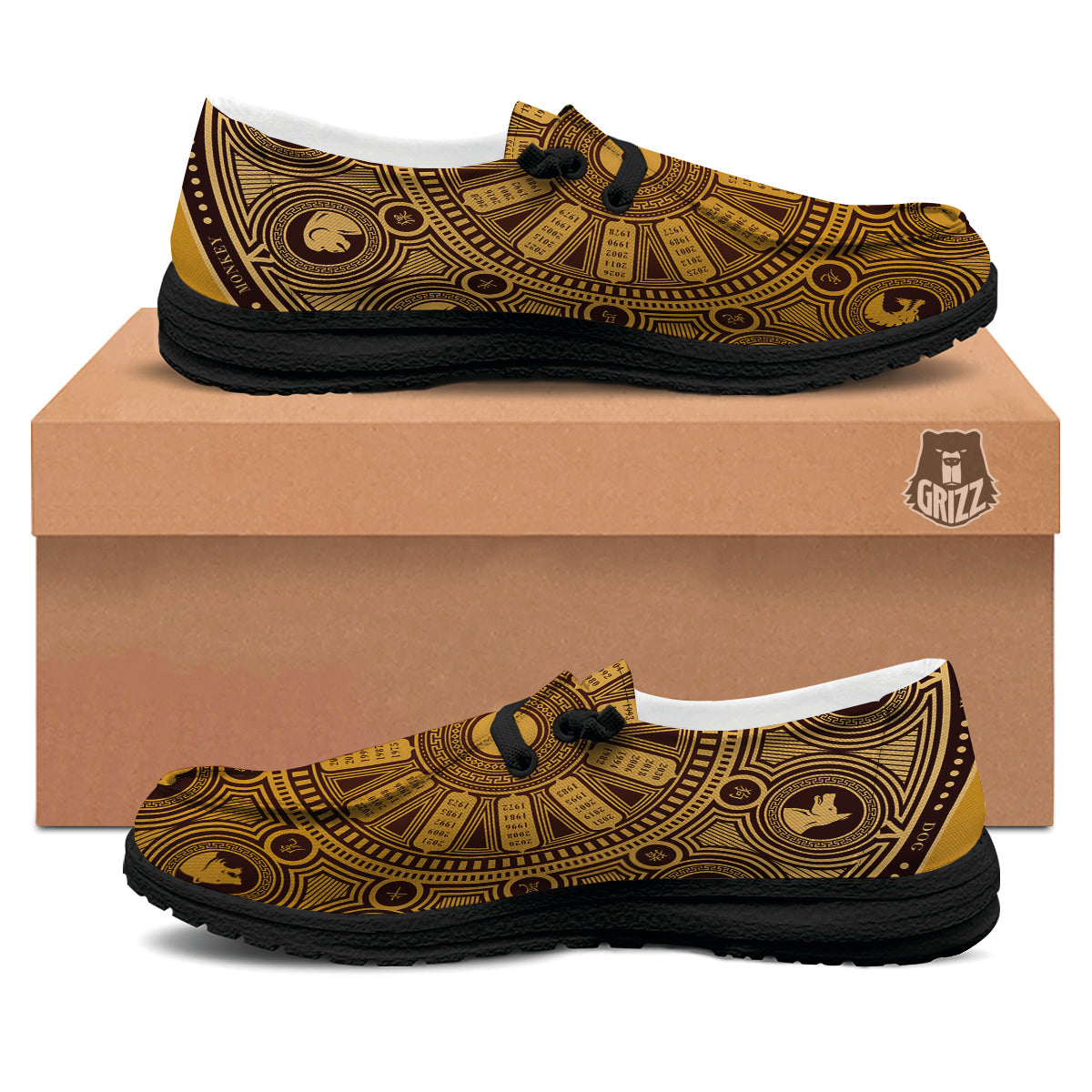 Calendar Signs Chinese Zodiac Print Black Loafers-grizzshop