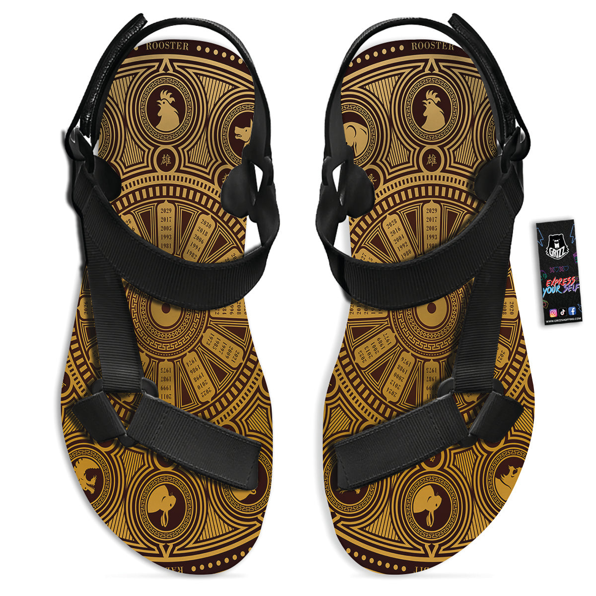 Calendar Signs Chinese Zodiac Print Black Open Toe Sandals-grizzshop