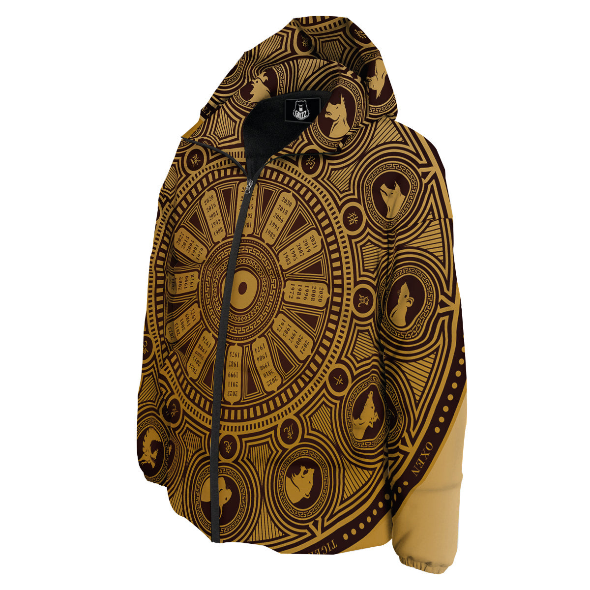 Calendar Signs Chinese Zodiac Print Down Jacket-grizzshop