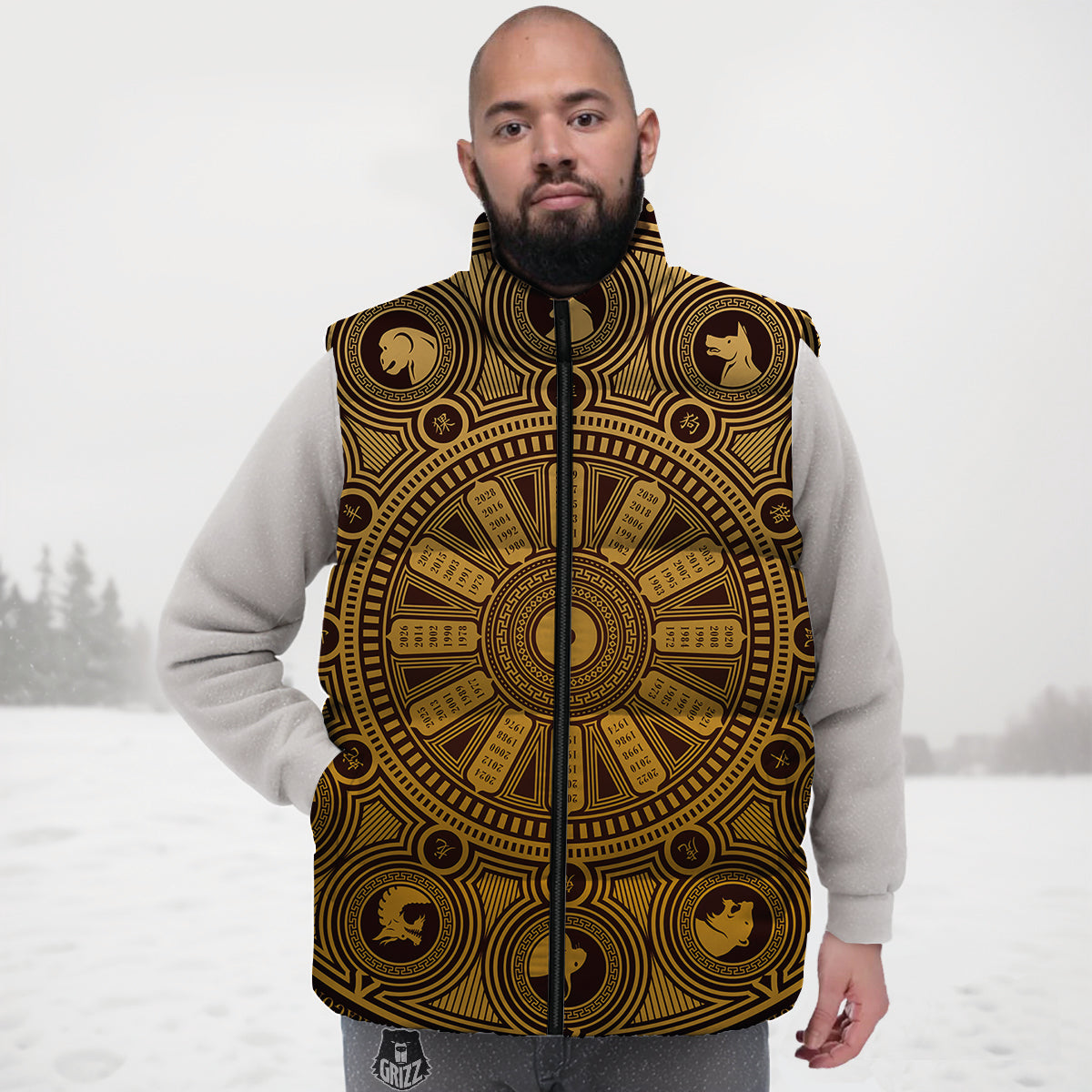 Calendar Signs Chinese Zodiac Print Down Vest