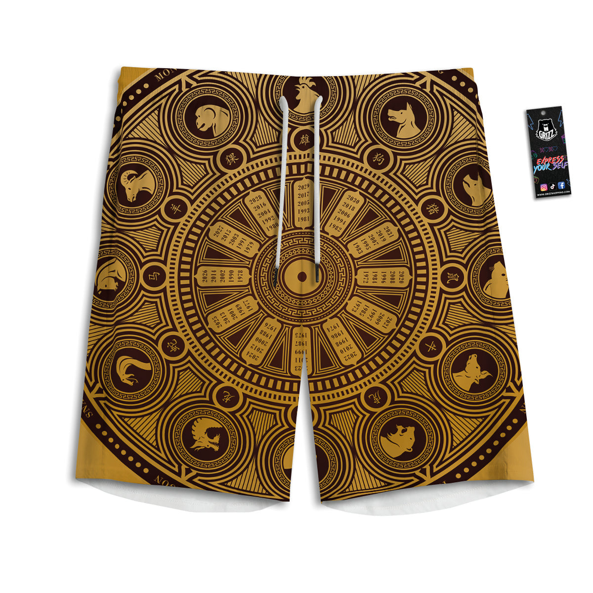 Calendar Signs Chinese Zodiac Print Men's Athletic Shorts