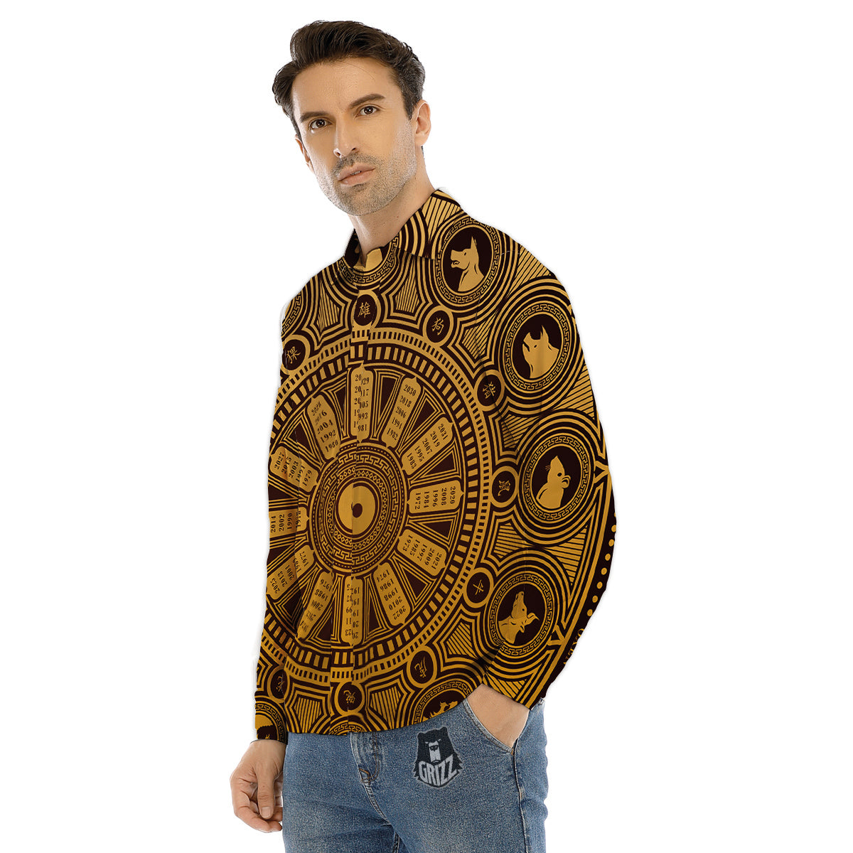 Calendar Signs Chinese Zodiac Print Men's Dress Shirts-grizzshop