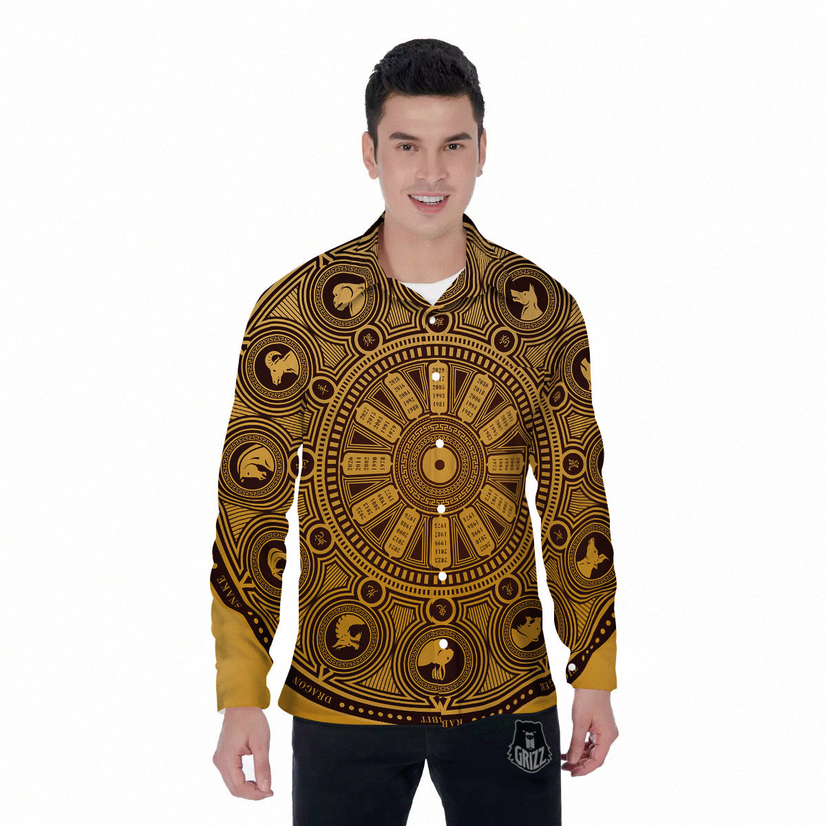 Calendar Signs Chinese Zodiac Print Men's Long Sleeve Shirts-grizzshop