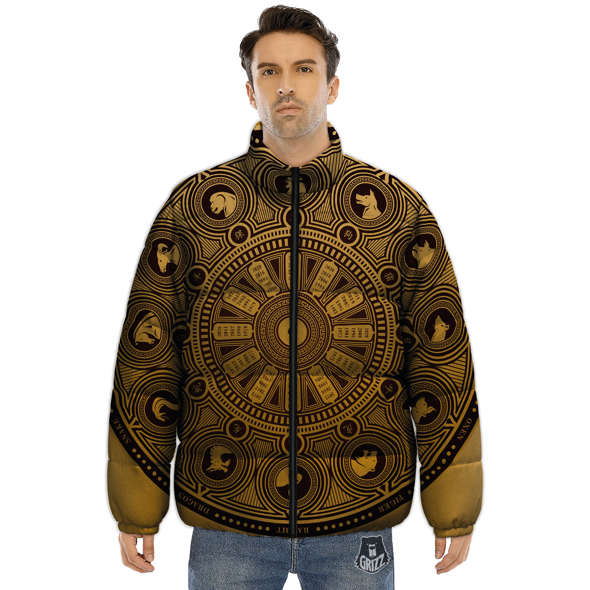 Calendar Signs Chinese Zodiac Print Puffer Jacket-grizzshop