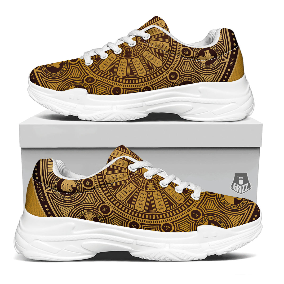 Calendar Signs Chinese Zodiac Print White Chunky Shoes-grizzshop