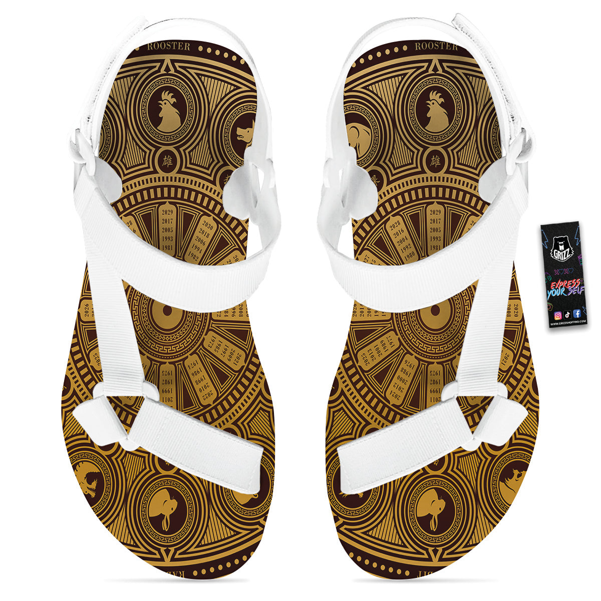 Calendar Signs Chinese Zodiac Print White Open Toe Sandals-grizzshop