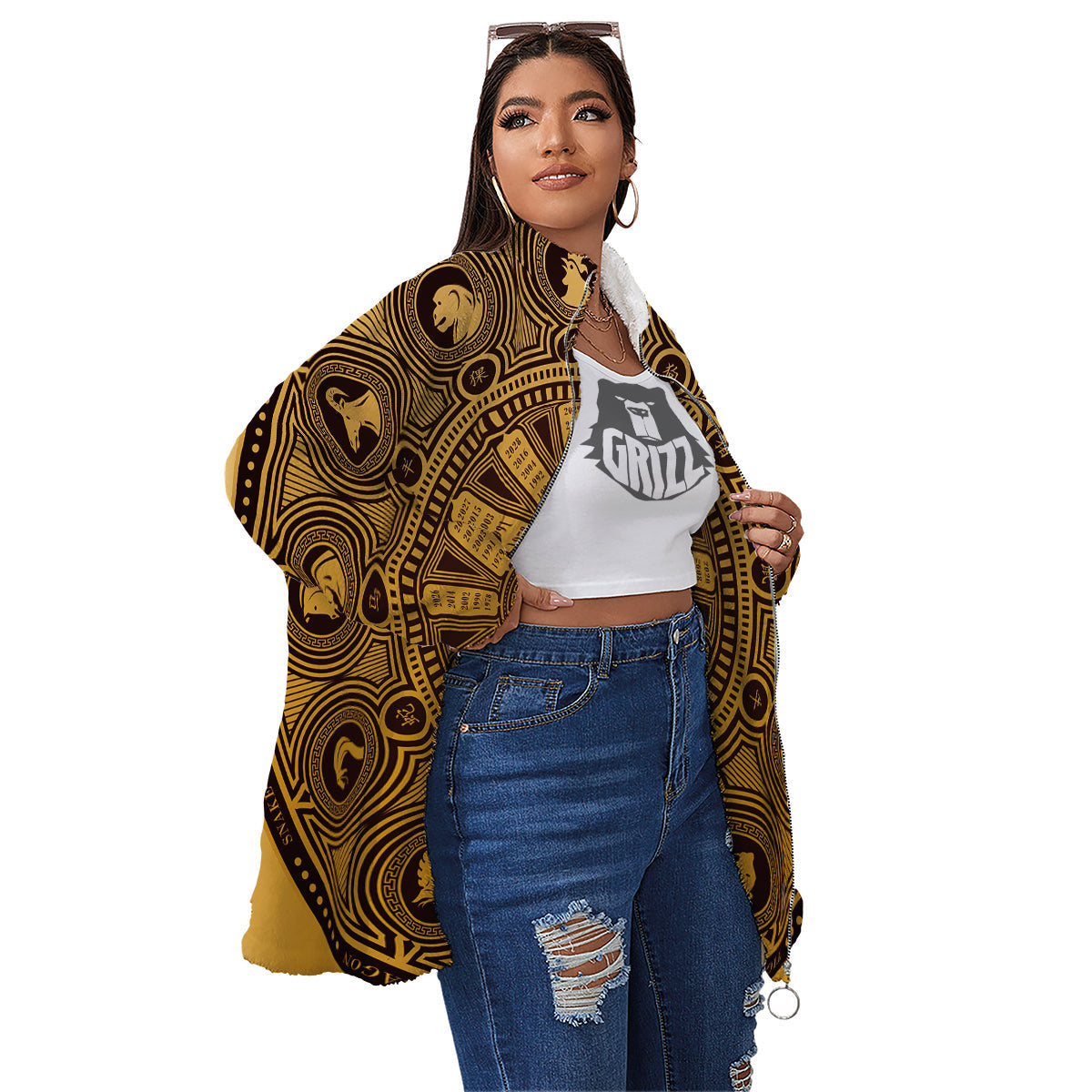Calendar Signs Chinese Zodiac Print Women's Sherpa Jacket-grizzshop