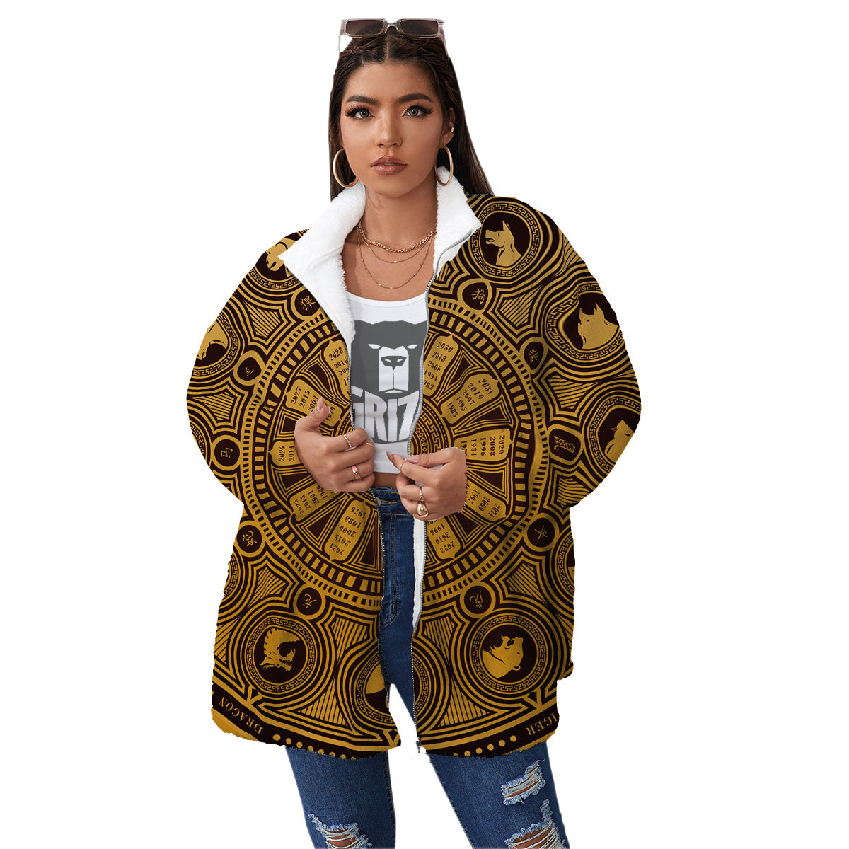 Calendar Signs Chinese Zodiac Print Women's Sherpa Jacket-grizzshop