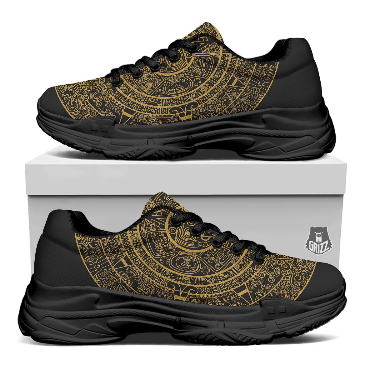 Calendar Tribal Maya Print Black Chunky Shoes-grizzshop