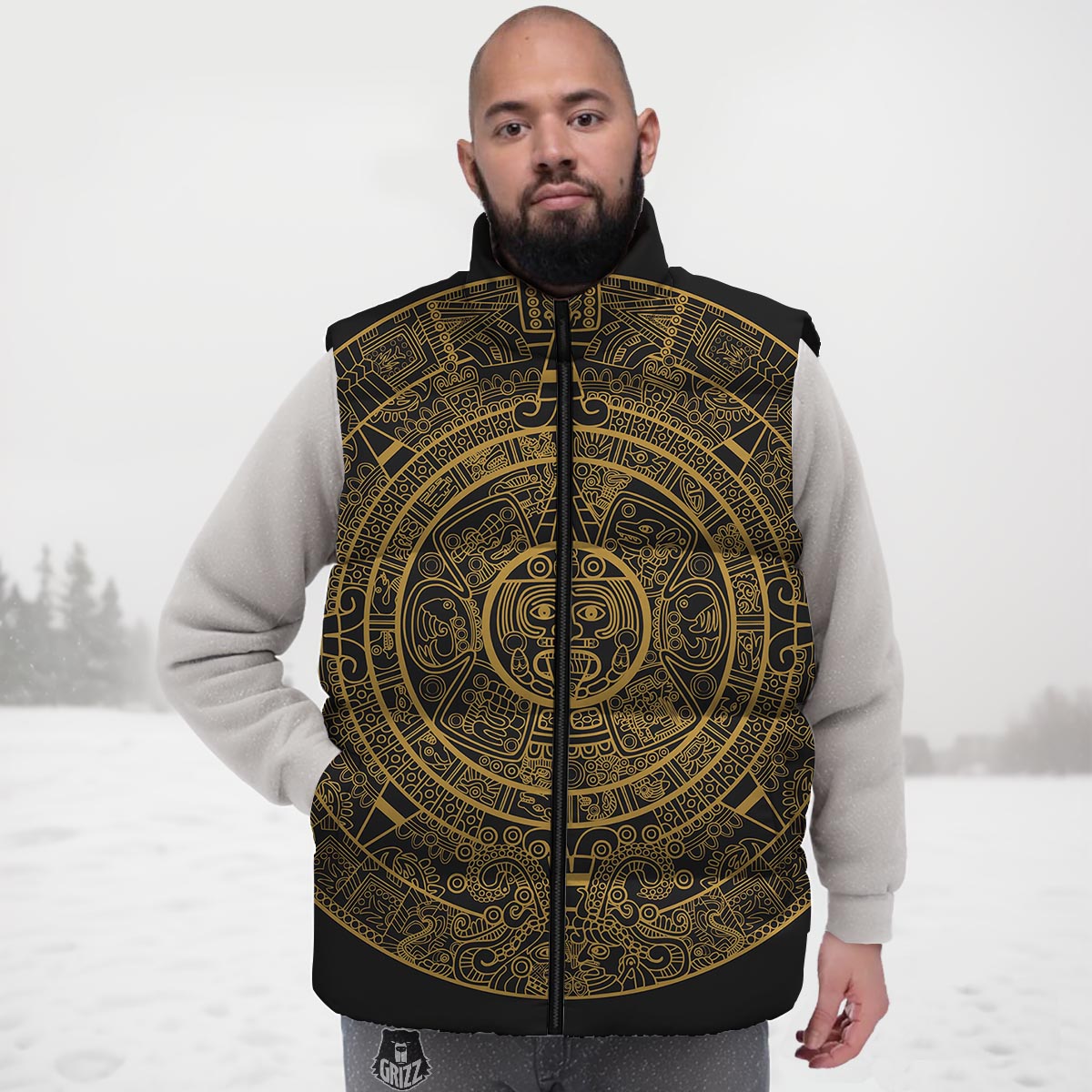Calendar Tribal Maya Print Down Vest